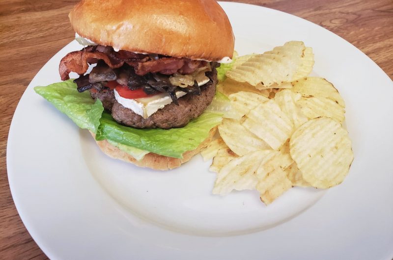 Bacon Brie Caramelized Onion and Mushroom Burger