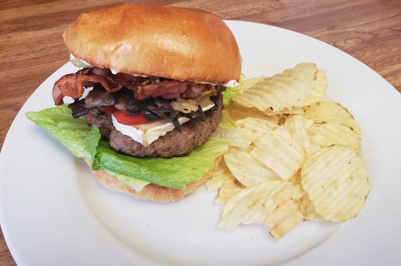 Bacon Brie Caramelized Onion and Mushroom Burger
